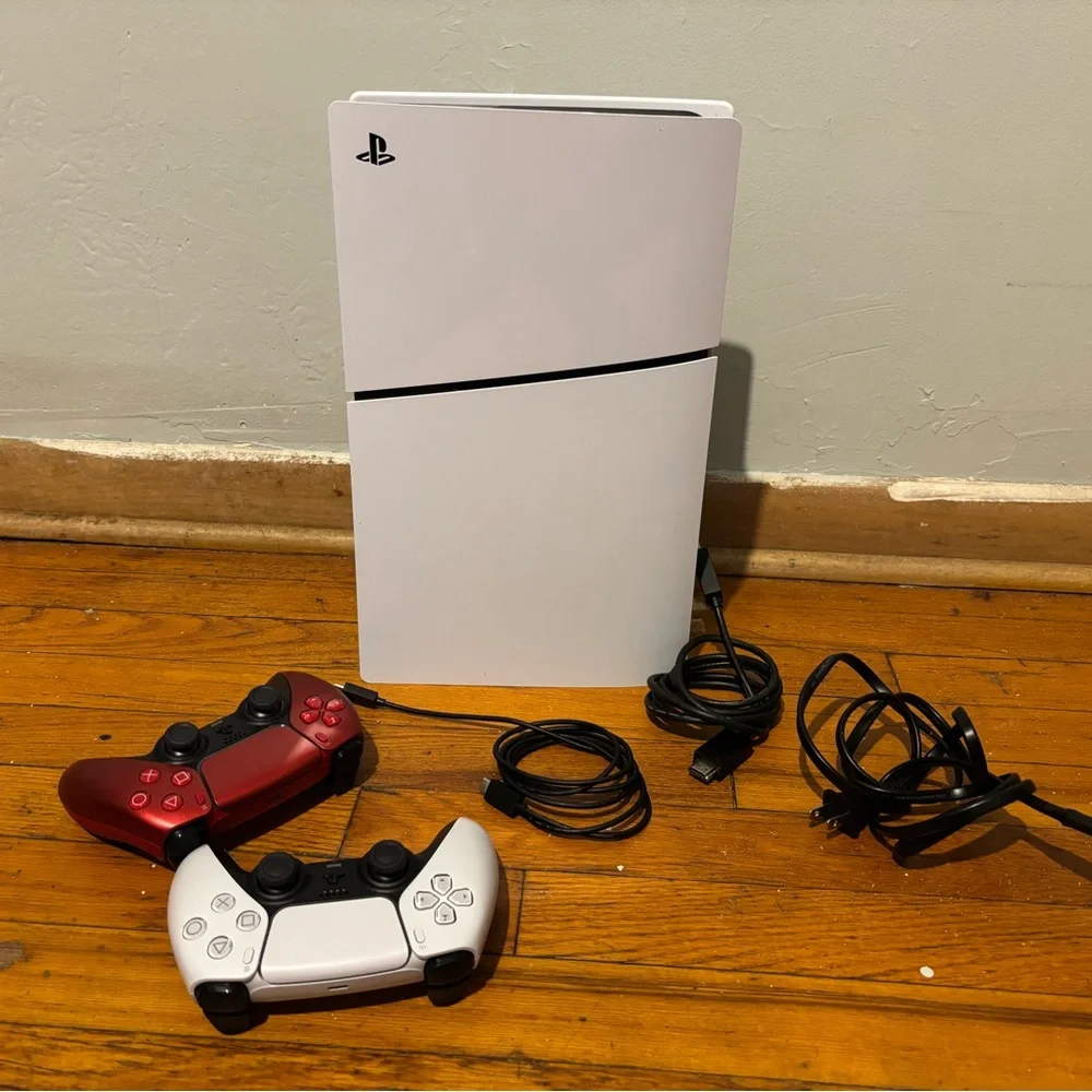 Sony Console with White and Red Controllers